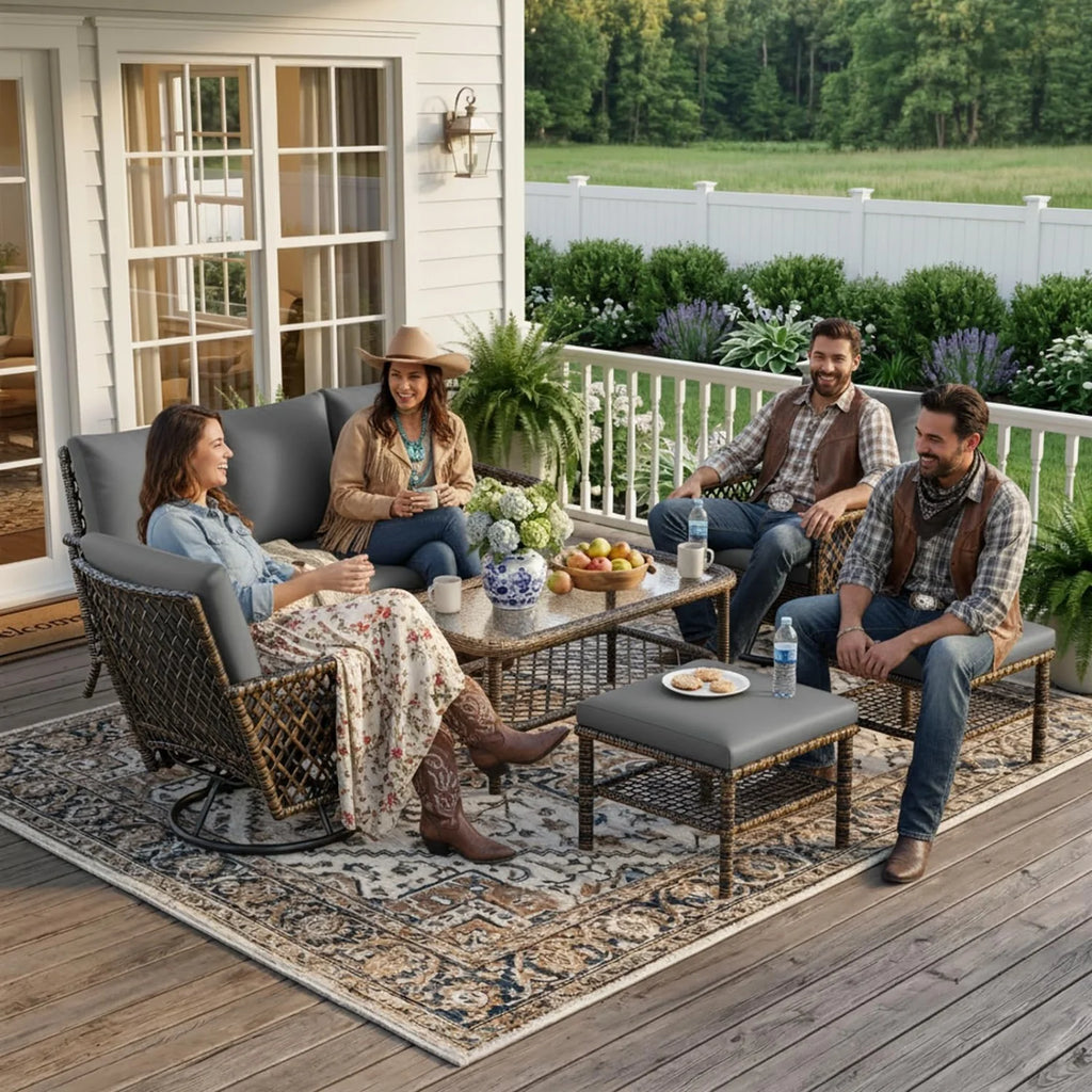 AECOJOY 7-Seat Patio Furniture Set, 6-Piece Wicker Conversation Set with Swivel Rocking Chairs & Ottoman