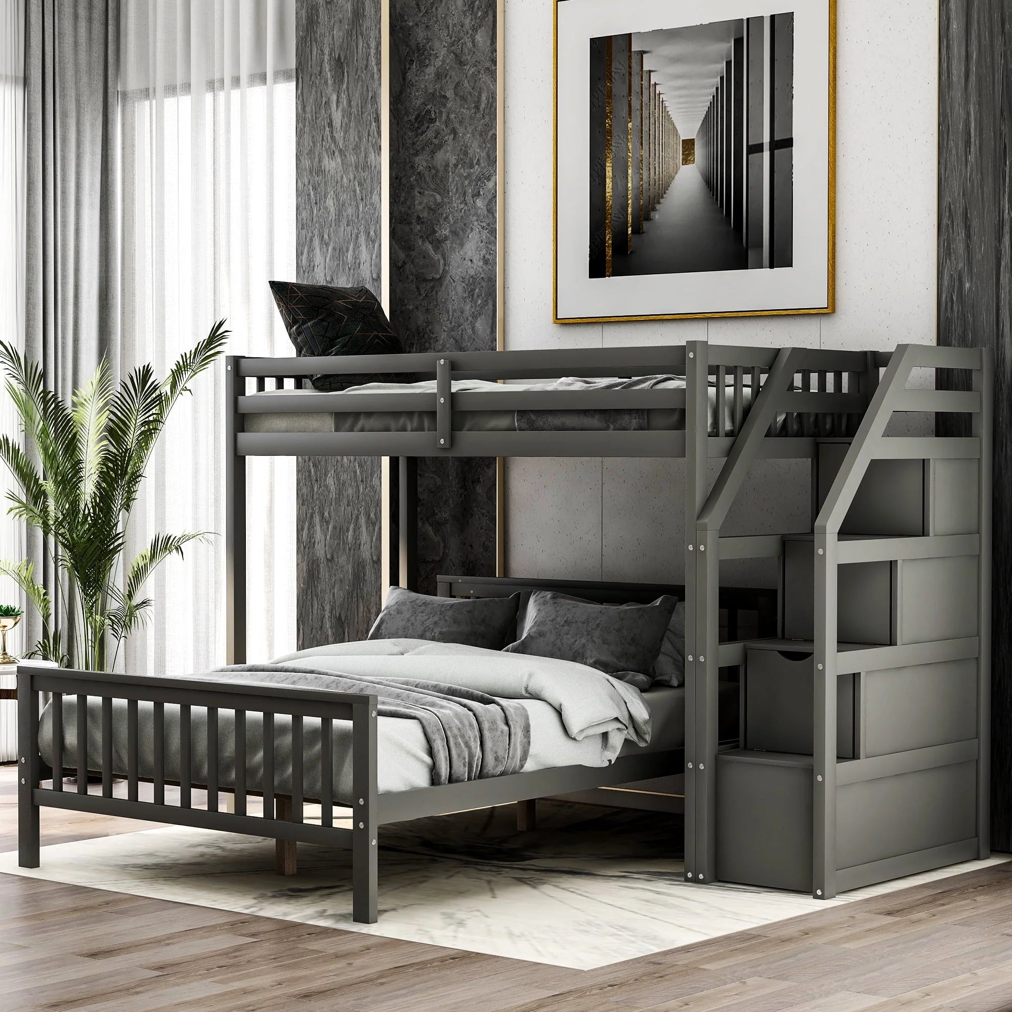 Euroco Wood Stairway Twin Loft Bed with Full Platform and Drawer Main image