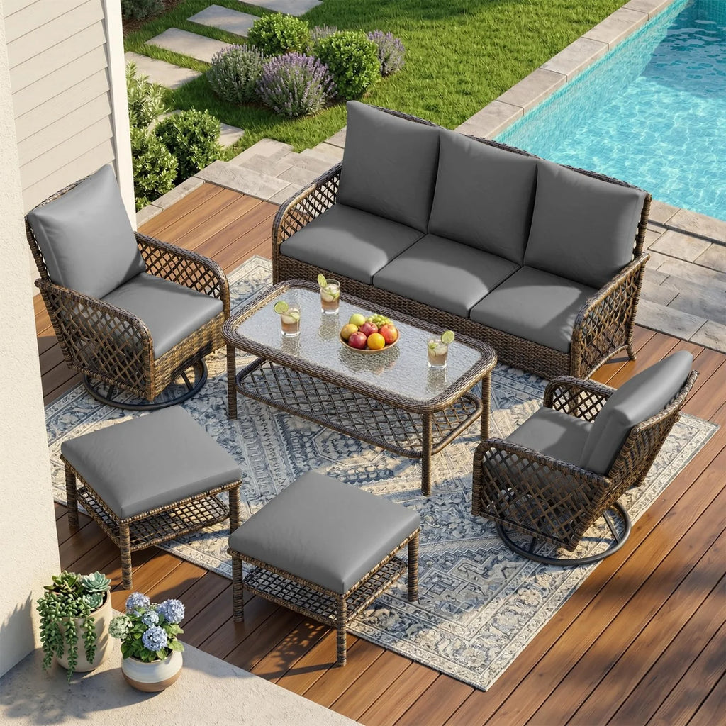 AECOJOY 7-Seat Patio Furniture Set, 6-Piece Wicker Conversation Set with Swivel Rocking Chairs & Ottoman