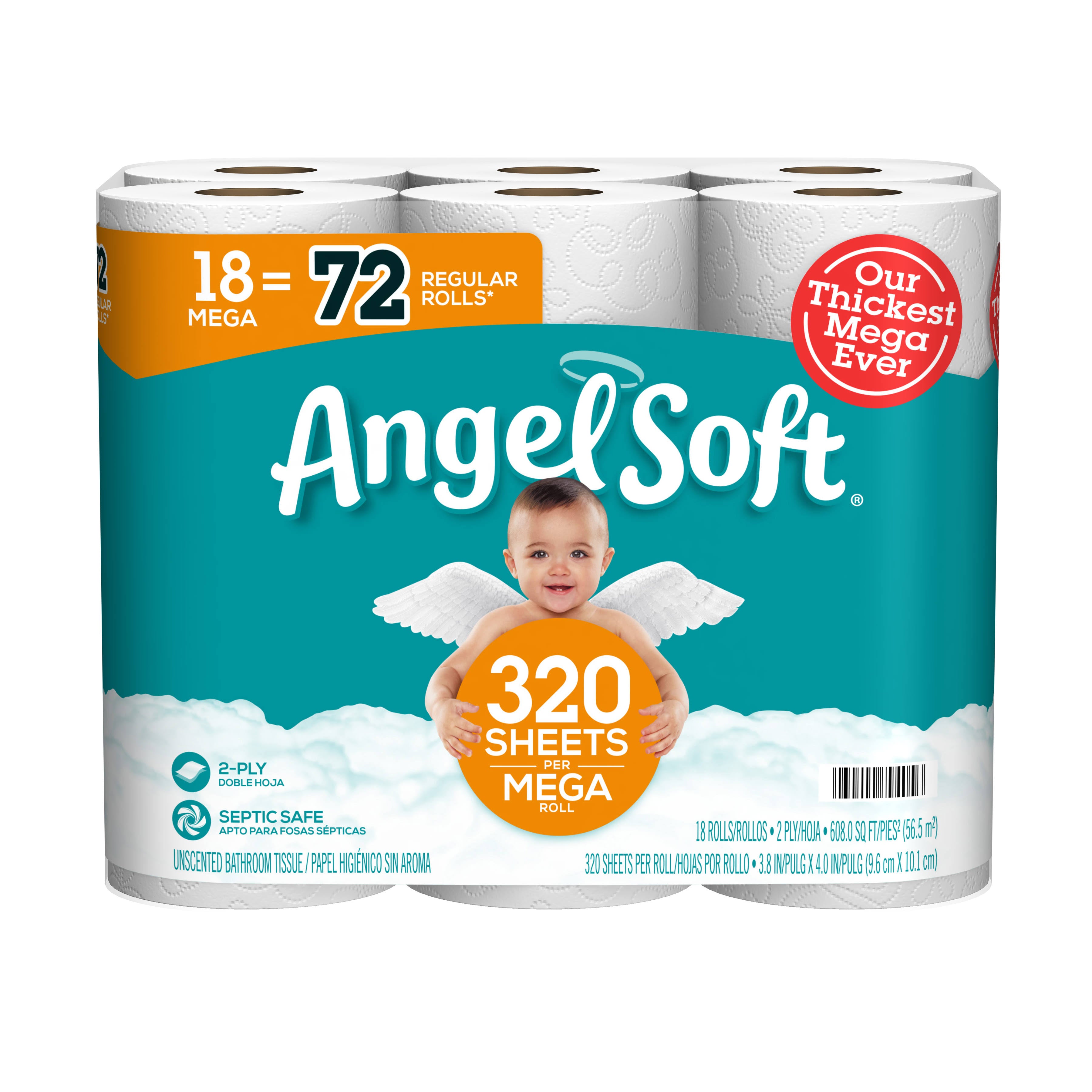 Angel Soft Bathroom Tissue, Unscented, Mega Roll, 2-Ply - 18 rolls Main image