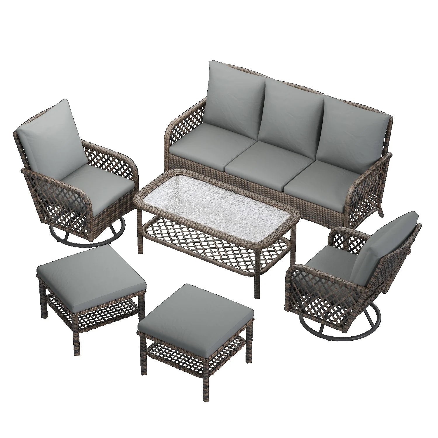 AECOJOY 7-Seat Patio Furniture Set, 6-Piece Wicker Conversation Set with Swivel Rocking Chairs & Ottoman