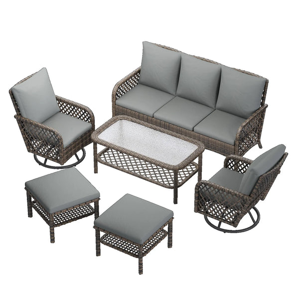 AECOJOY 7-Seat Patio Furniture Set, 6-Piece Wicker Conversation Set with Swivel Rocking Chairs & Ottoman