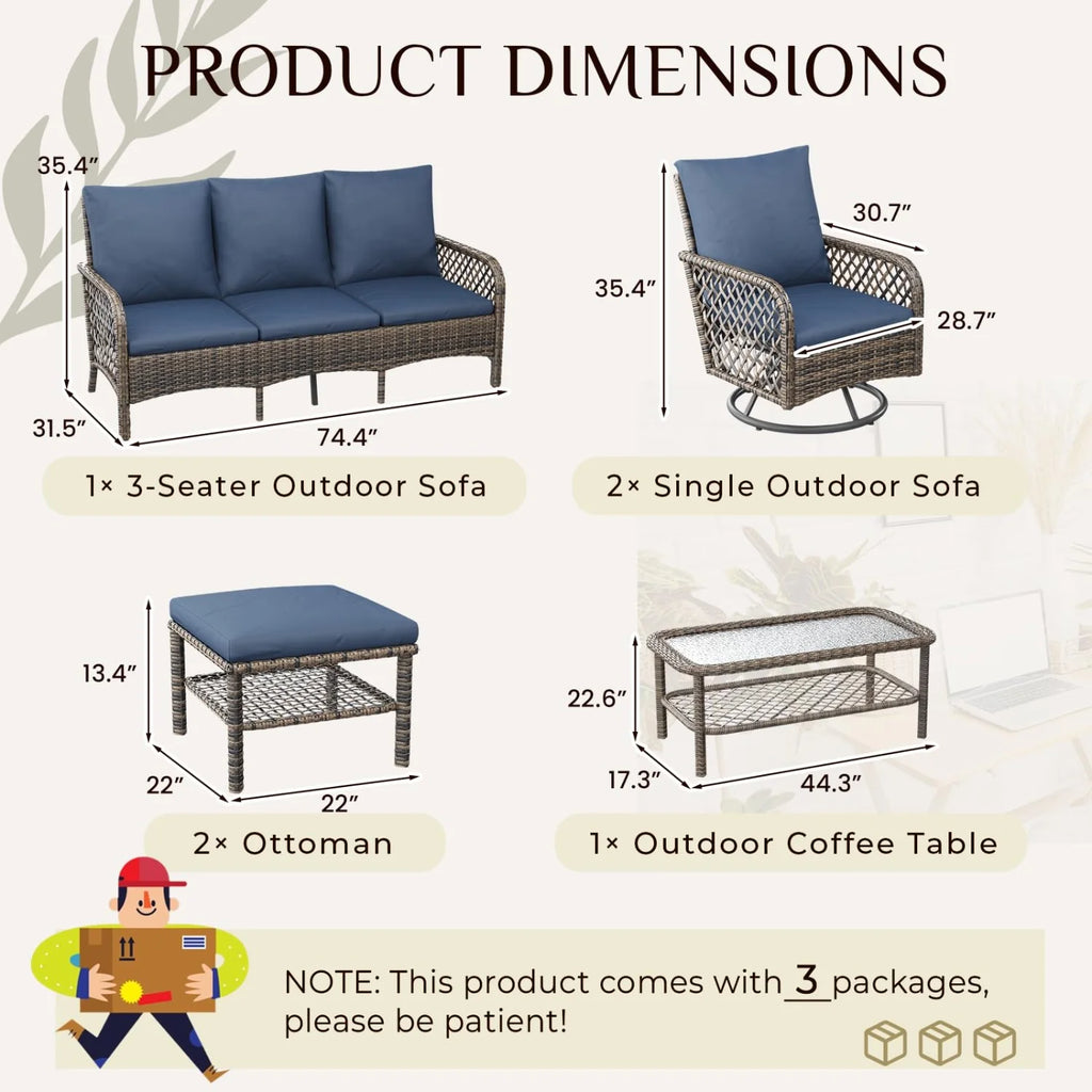 AECOJOY 7-Seat Patio Furniture Set, 6-Piece Wicker Conversation Set with Swivel Rocking Chairs & Ottoman