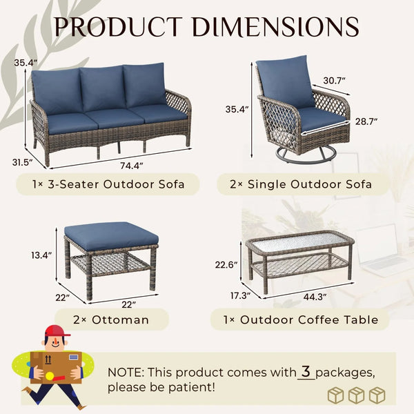AECOJOY 7-Seat Patio Furniture Set, 6-Piece Wicker Conversation Set with Swivel Rocking Chairs & Ottoman
