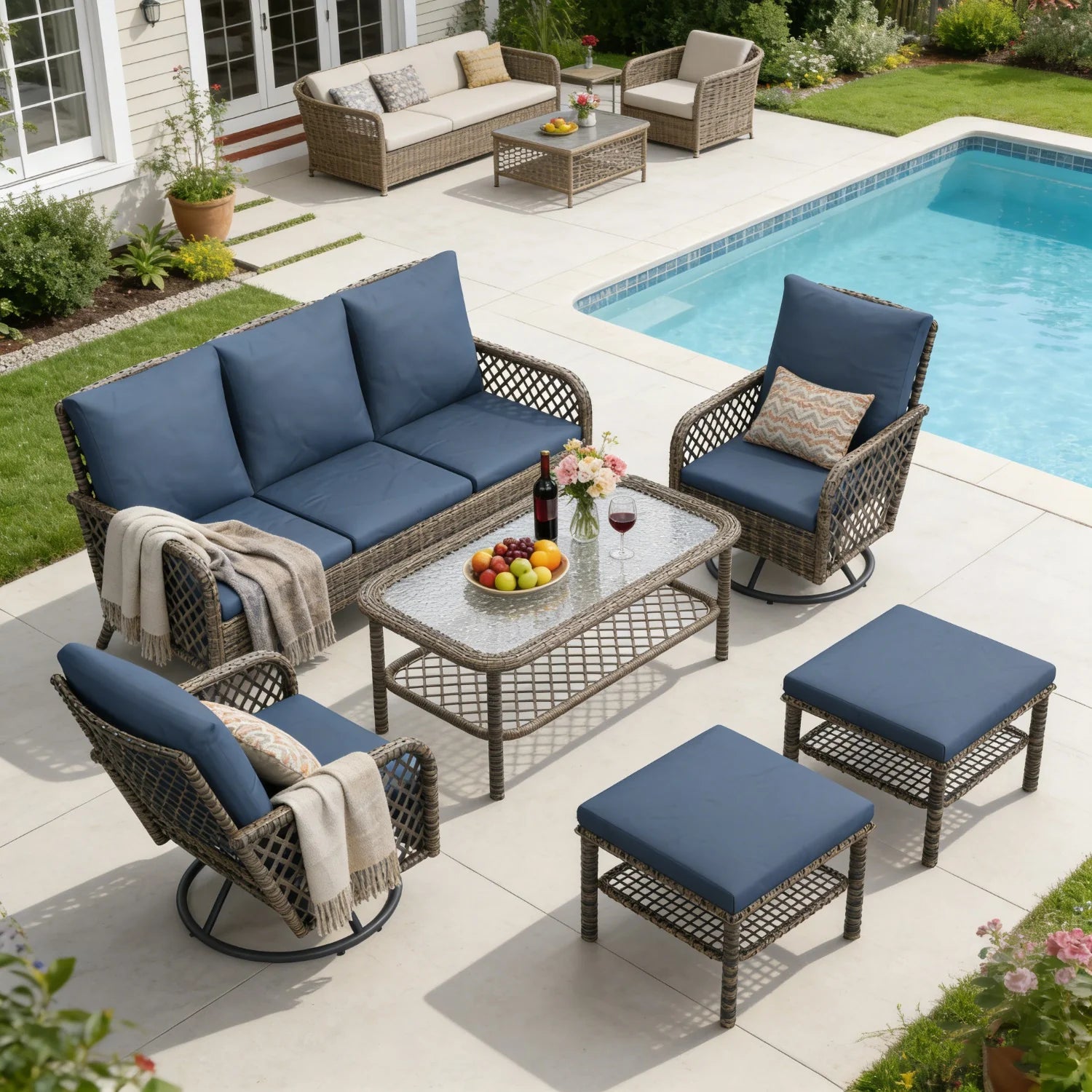 AECOJOY 7-Seat Patio Furniture Set, 6-Piece Wicker Conversation Set with Swivel Rocking Chairs & Ottoman