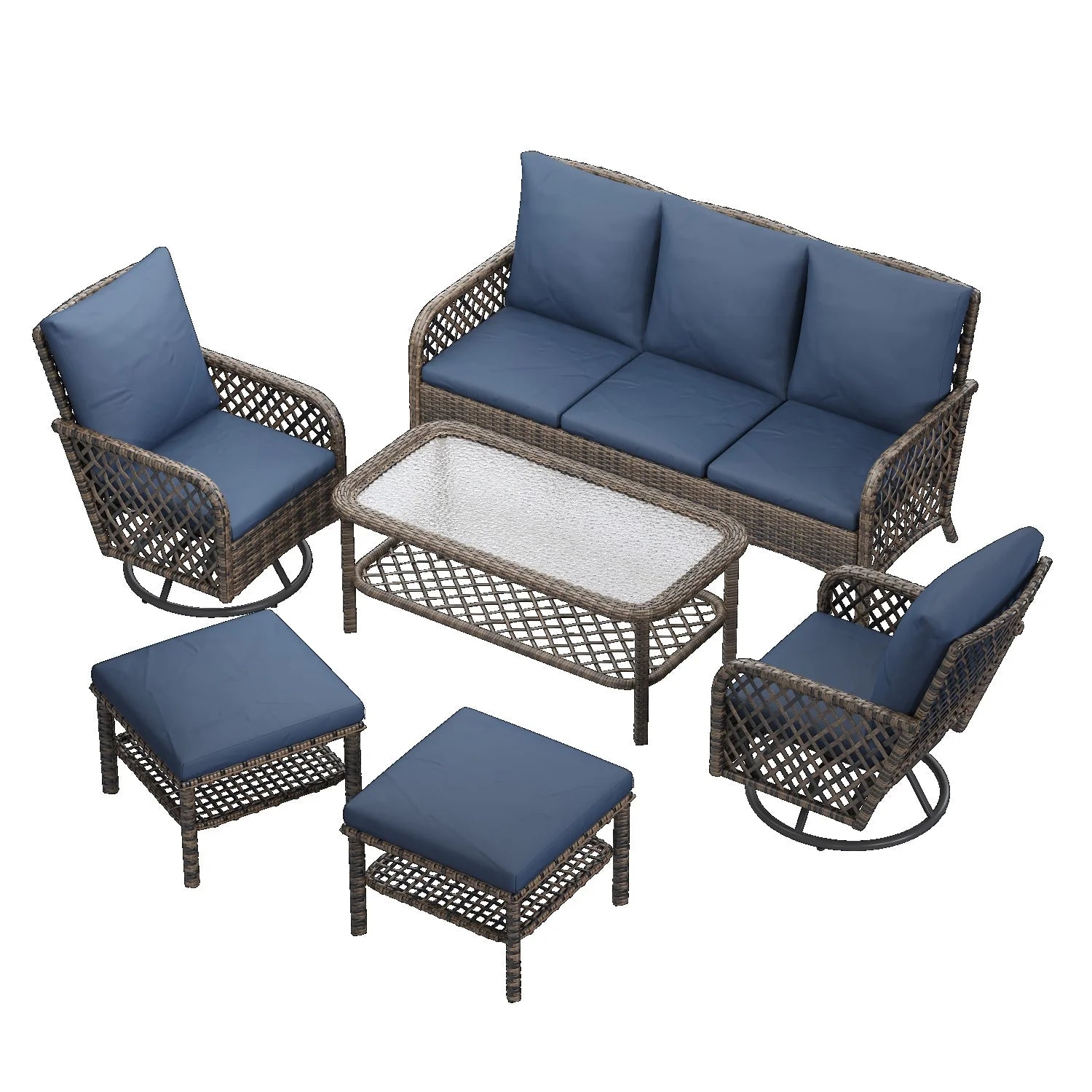 AECOJOY 7-Seat Patio Furniture Set, 6-Piece Wicker Conversation Set with Swivel Rocking Chairs & Ottoman Main image