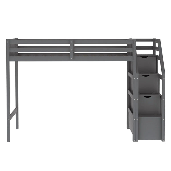 Euroco Wood Stairway Twin Loft Bed with Full Platform and Drawer