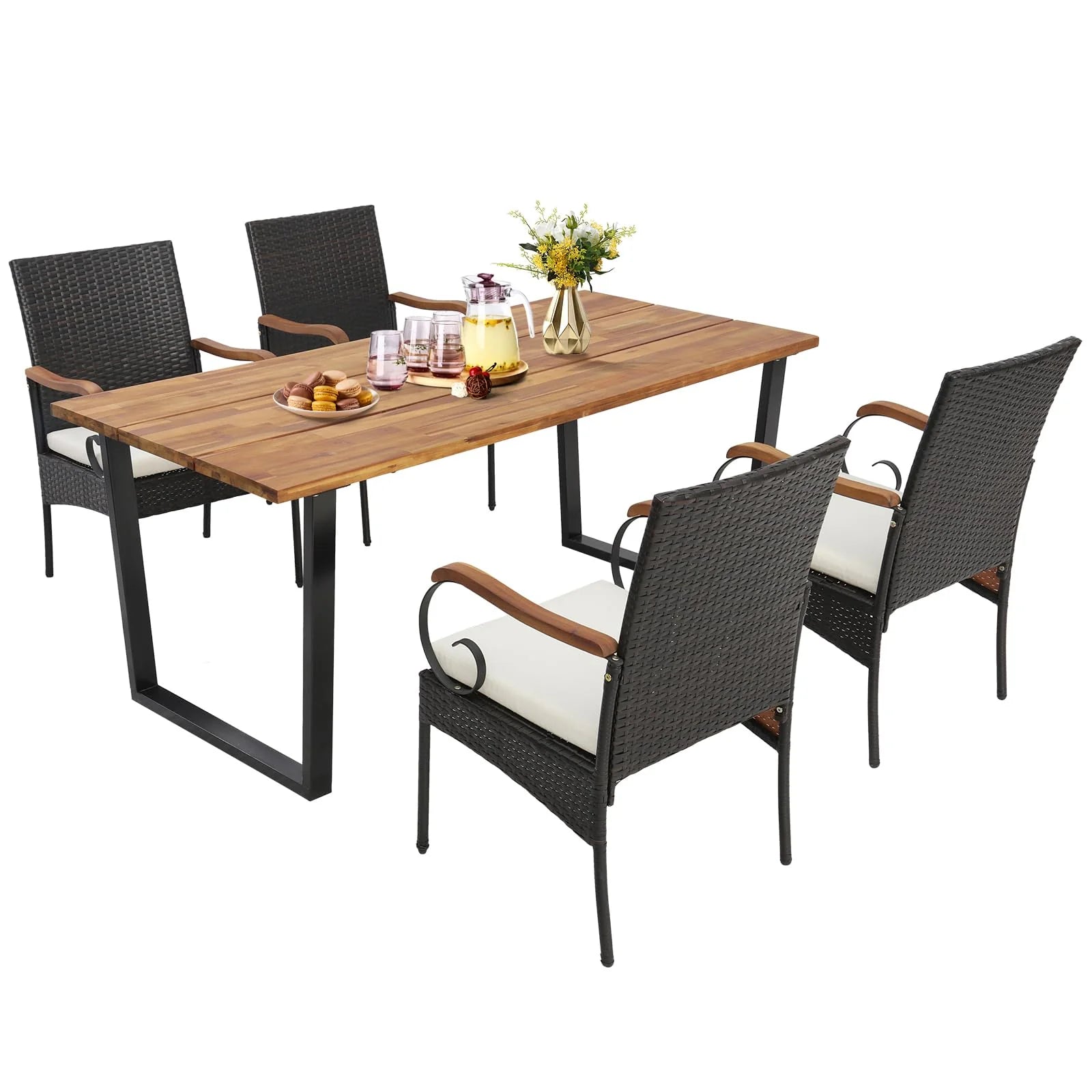 Outdoor Wicker Chair & Dining Table Set, Acacia Wood Tabletop & Armrests, 2” Umbrella Hole Main image