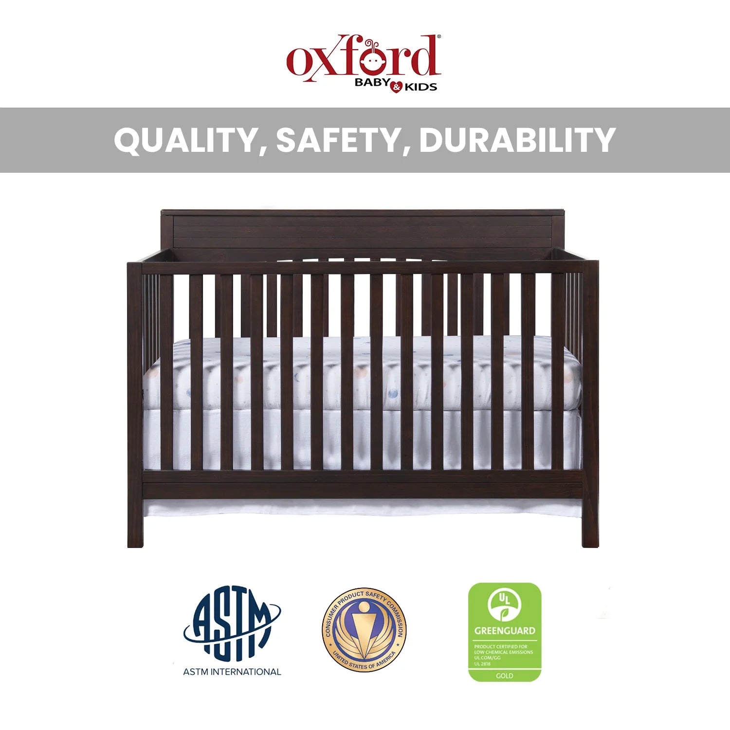 Oxford Baby Harper 4 - in - 1 Convertible Crib, Dove Gray, GREENGUARD Gold Certified, Wooden Crib