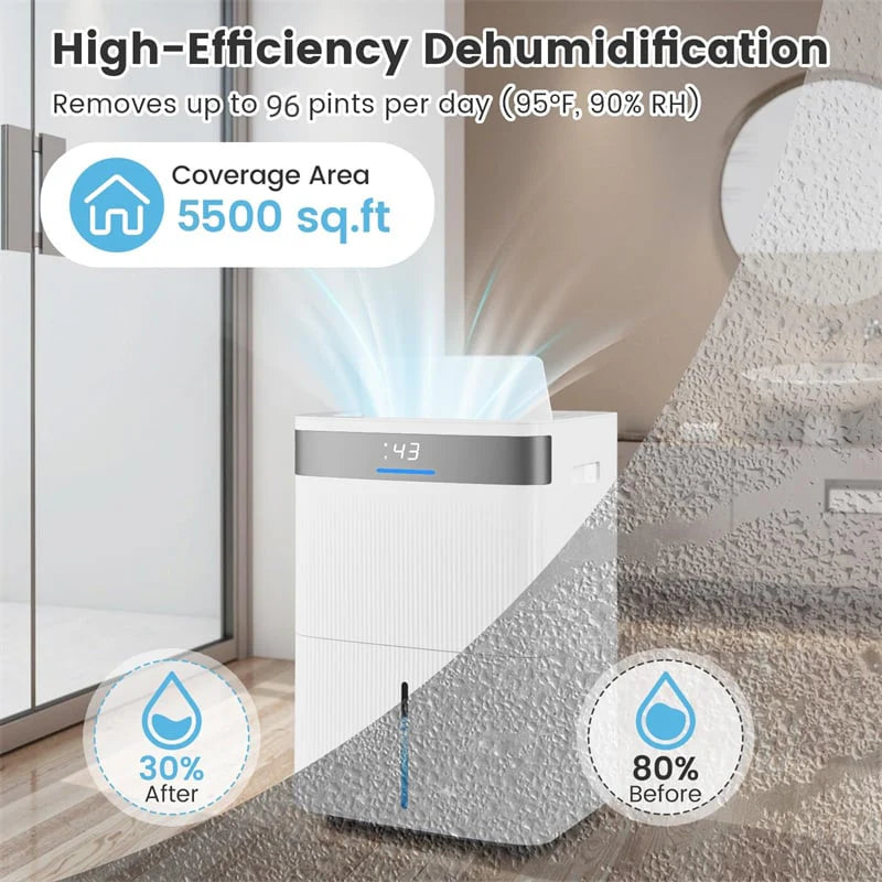 5500 Sq.Ft 96 Pint Dehumidifier for Basement, Portable Home Dehumidifier with Drain Hose, Auto Defrost, 24H Timer & Sleep Mode for Bathroom Bedroom