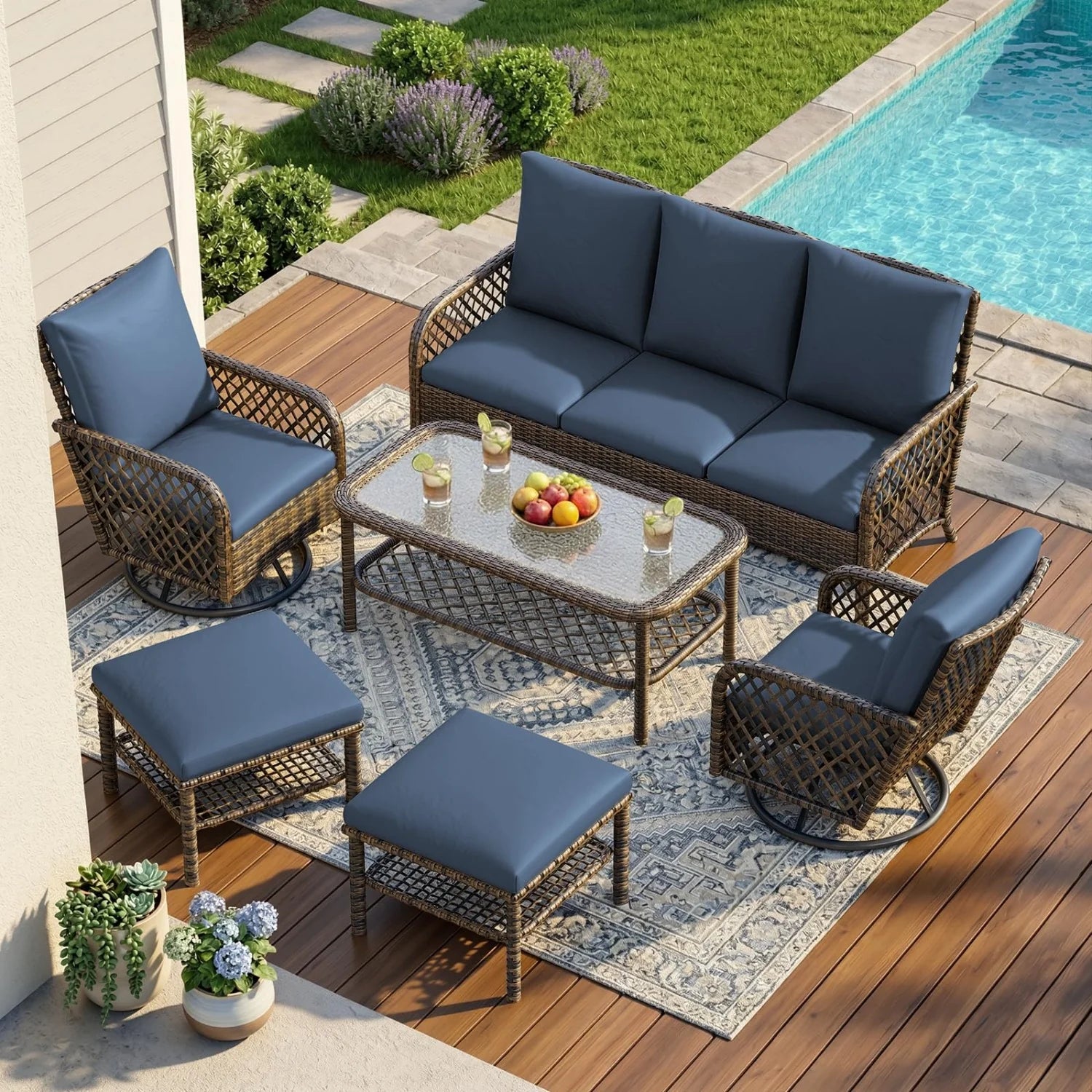 AECOJOY 7-Seat Patio Furniture Set, 6-Piece Wicker Conversation Set with Swivel Rocking Chairs & Ottoman Secondary image
