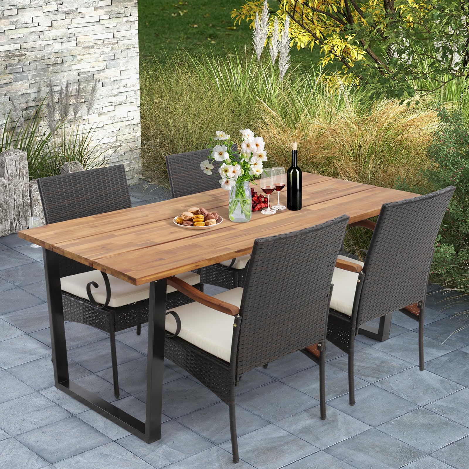 Outdoor Wicker Chair & Dining Table Set, Acacia Wood Tabletop & Armrests, 2” Umbrella Hole Secondary image