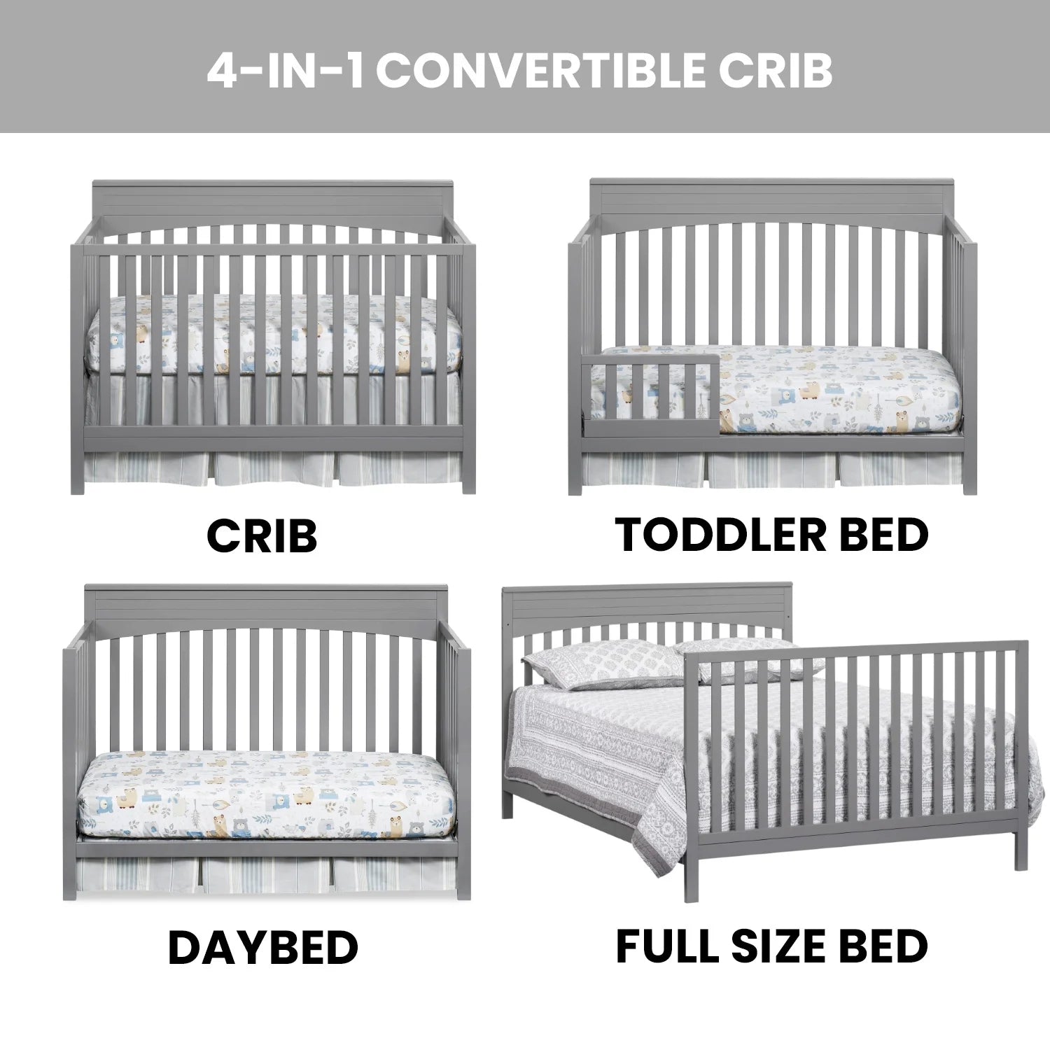 Oxford Baby Harper 4 - in - 1 Convertible Crib, Dove Gray, GREENGUARD Gold Certified, Wooden Crib