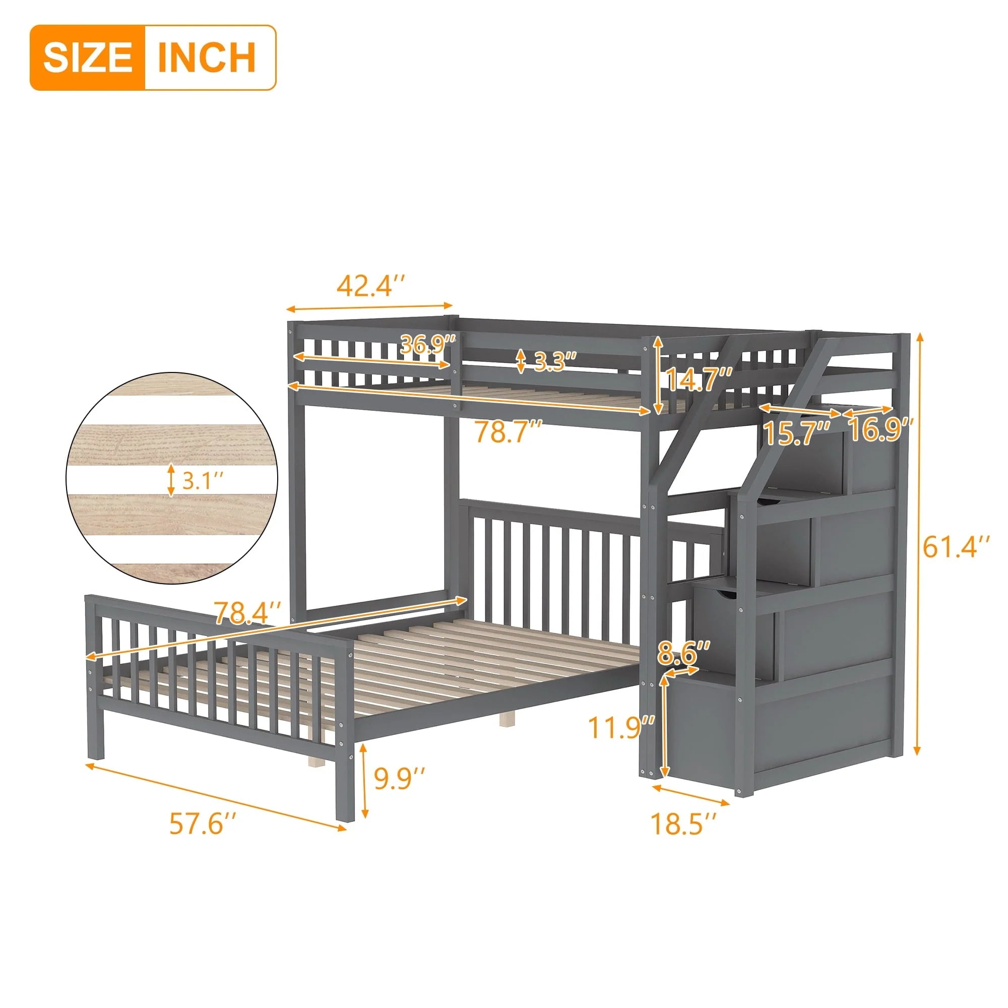 Euroco Wood Stairway Twin Loft Bed with Full Platform and Drawer
