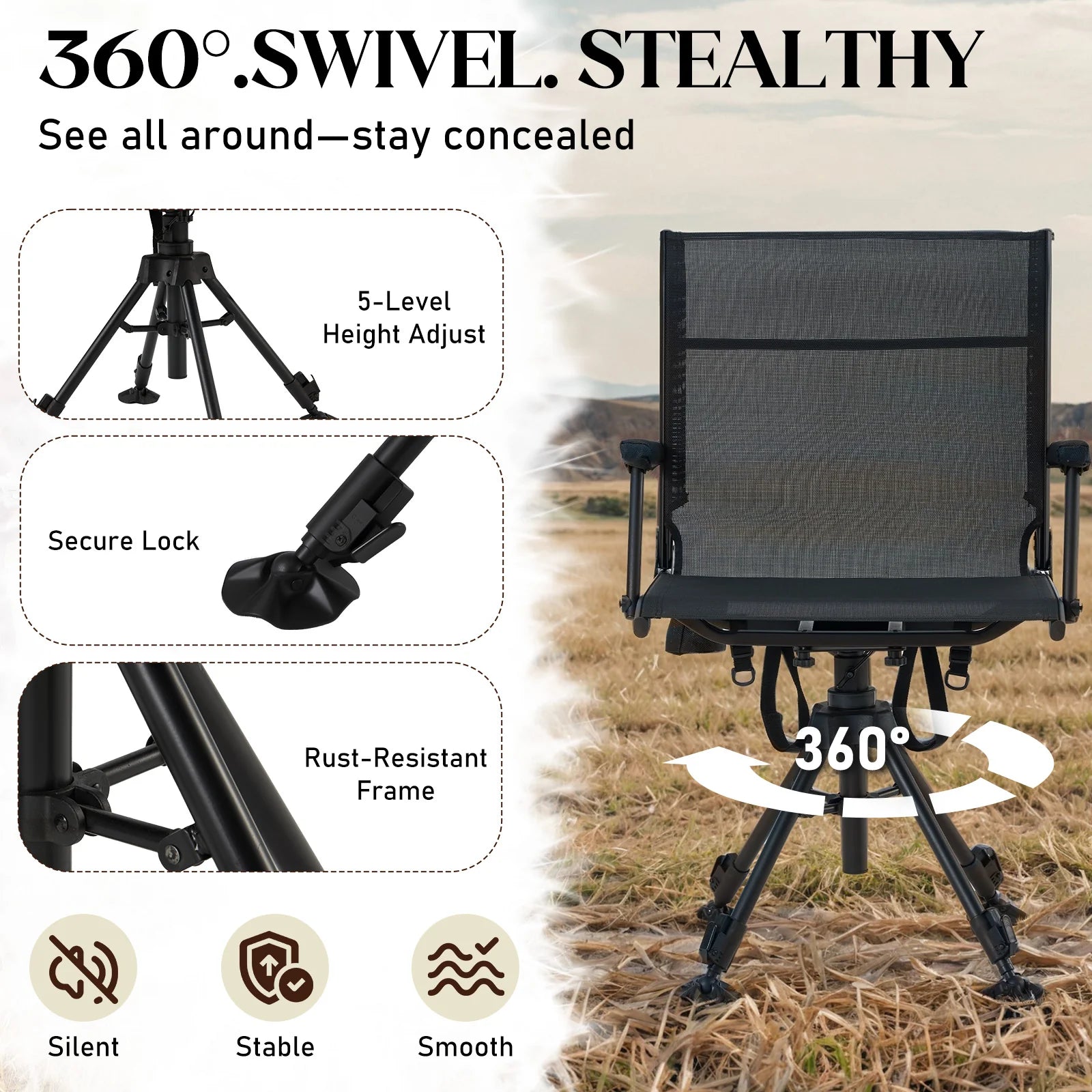 AECOJOY Lightweight Hunting Chair Without Cushion, Foldable & Rotating, Quiet Design for Deer Blind