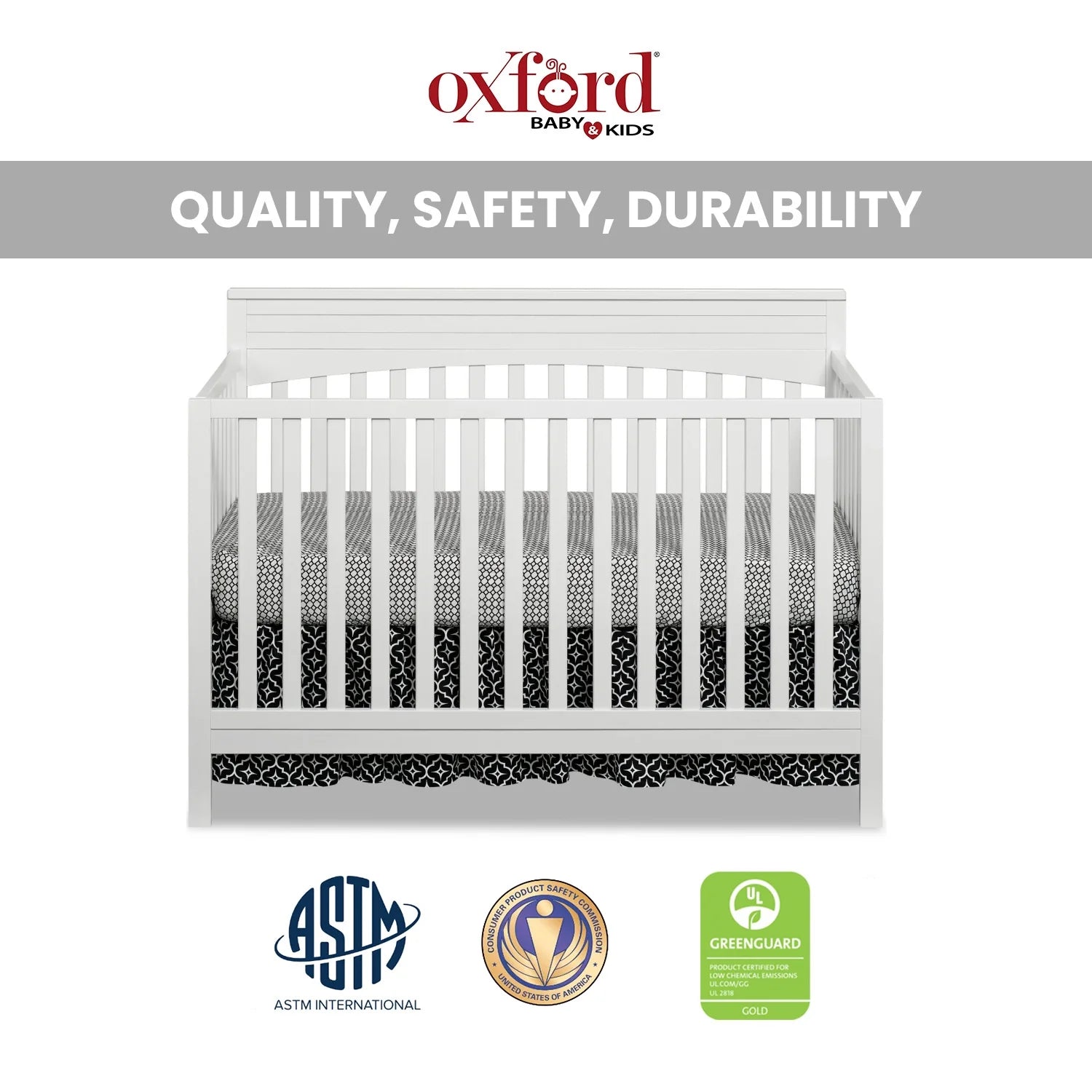 Oxford Baby Harper 4 - in - 1 Convertible Crib, Dove Gray, GREENGUARD Gold Certified, Wooden Crib