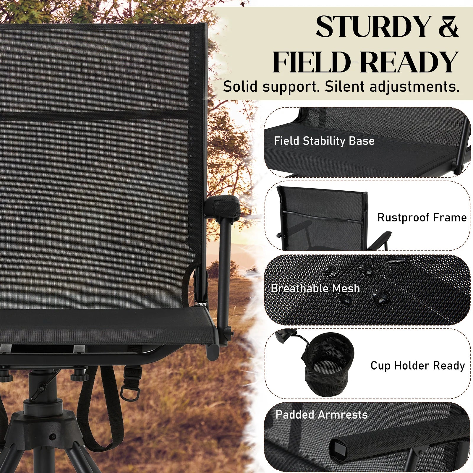AECOJOY Lightweight Hunting Chair Without Cushion, Foldable & Rotating, Quiet Design for Deer Blind