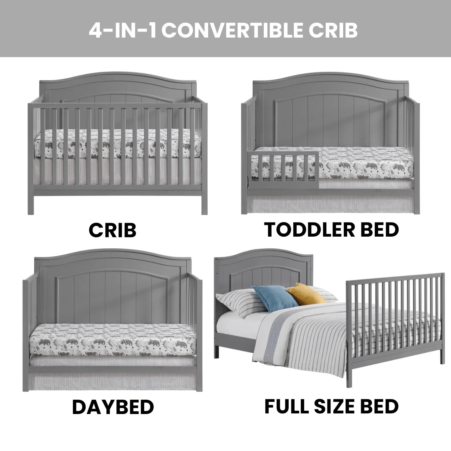 Oxford Baby North Bay 4 - in - 1 Convertible Crib, Snow White, GREENGUARD Gold Certified, Wooden Crib