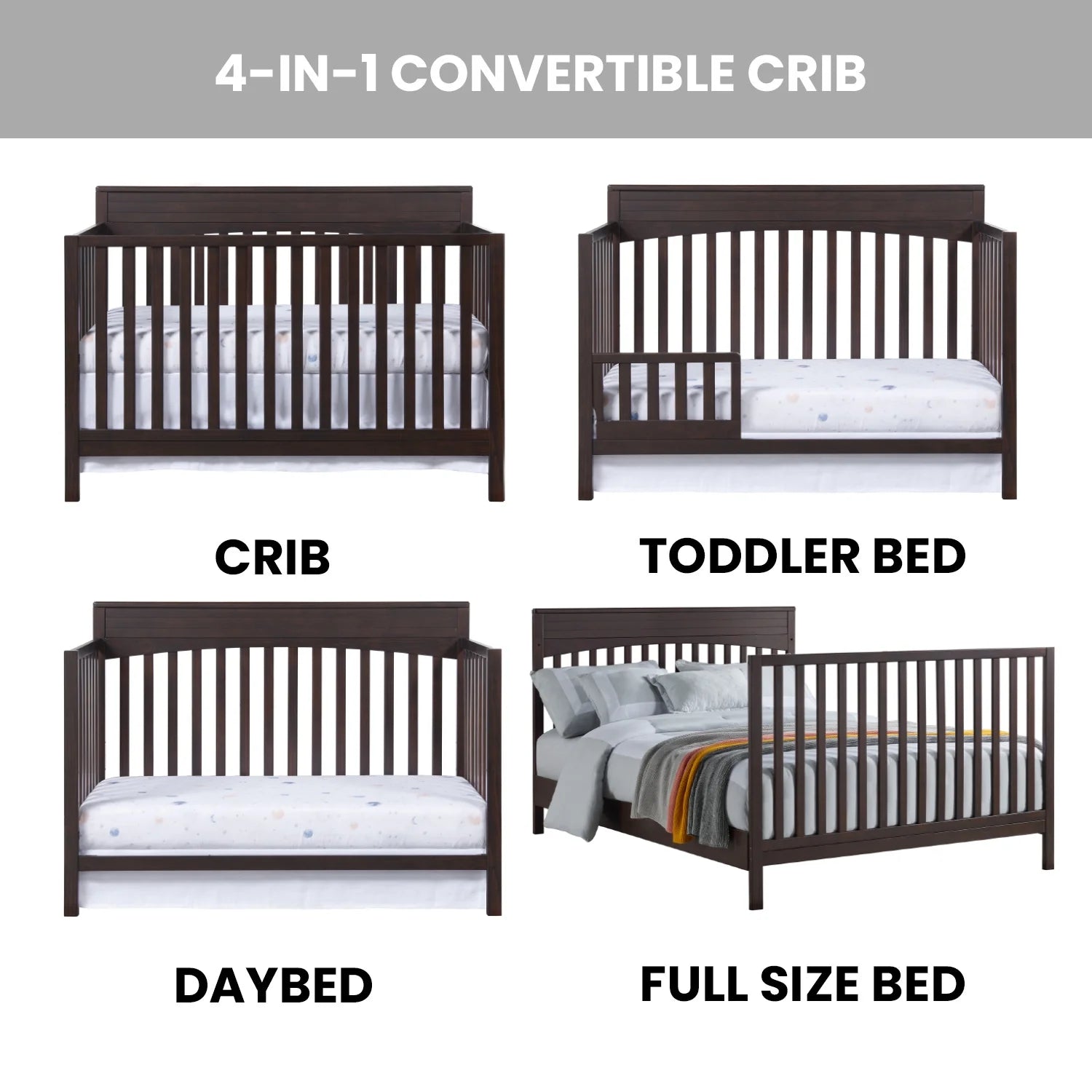 Oxford Baby Harper 4 - in - 1 Convertible Crib, Dove Gray, GREENGUARD Gold Certified, Wooden Crib