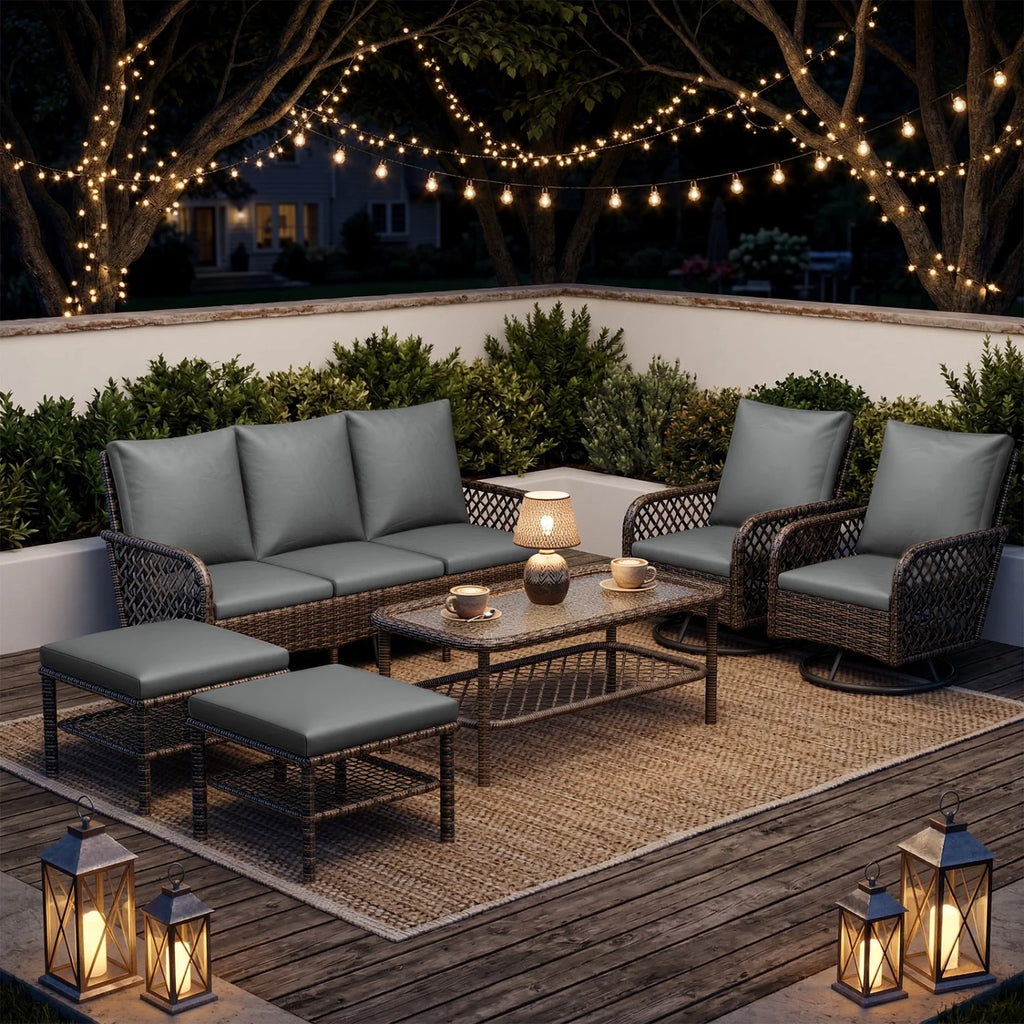 AECOJOY 7-Seat Patio Furniture Set, 6-Piece Wicker Conversation Set with Swivel Rocking Chairs & Ottoman