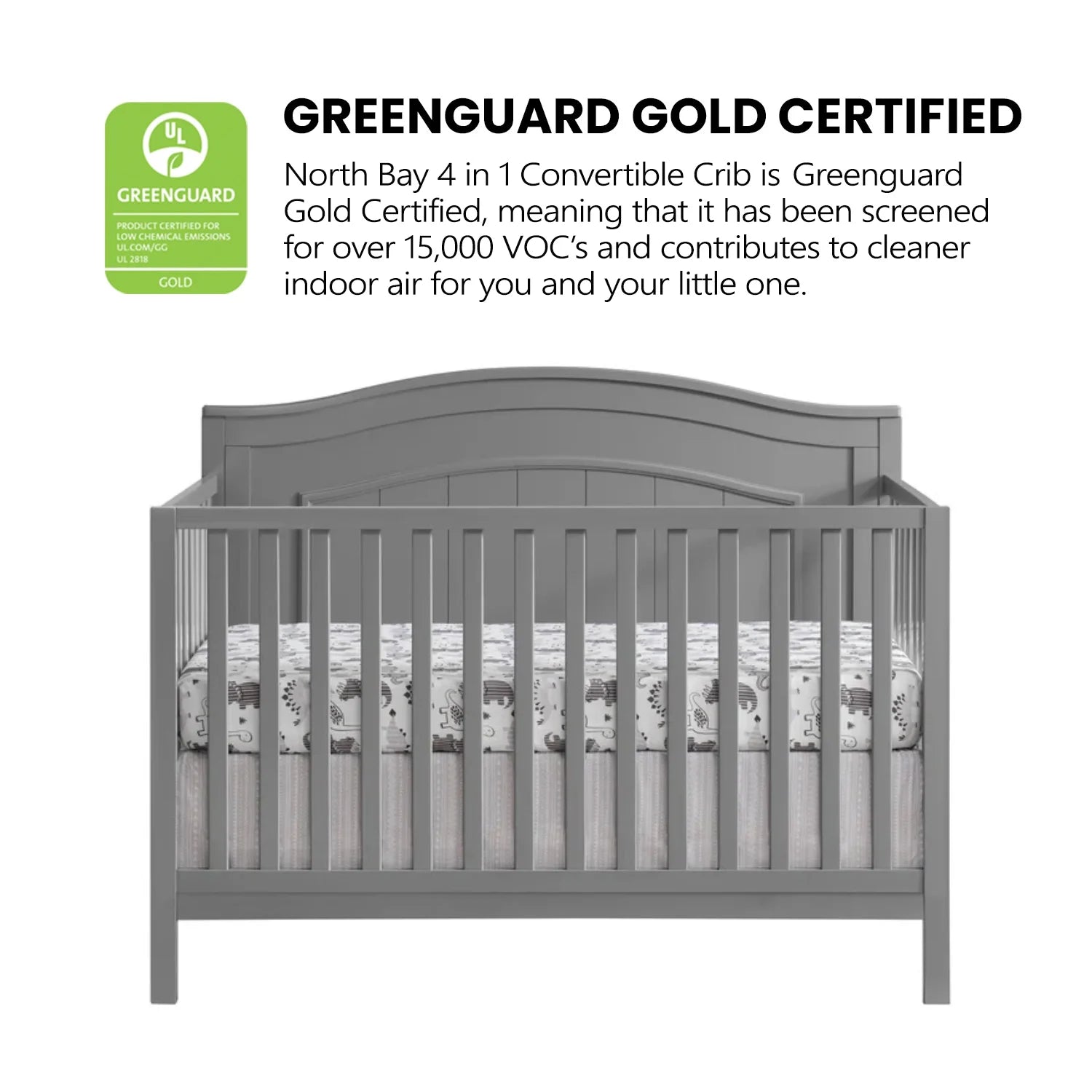 Oxford Baby North Bay 4 - in - 1 Convertible Crib, Snow White, GREENGUARD Gold Certified, Wooden Crib
