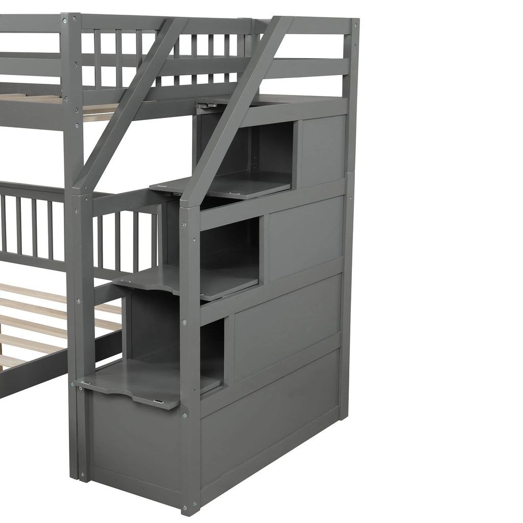 Euroco Wood Stairway Twin Loft Bed with Full Platform and Drawer