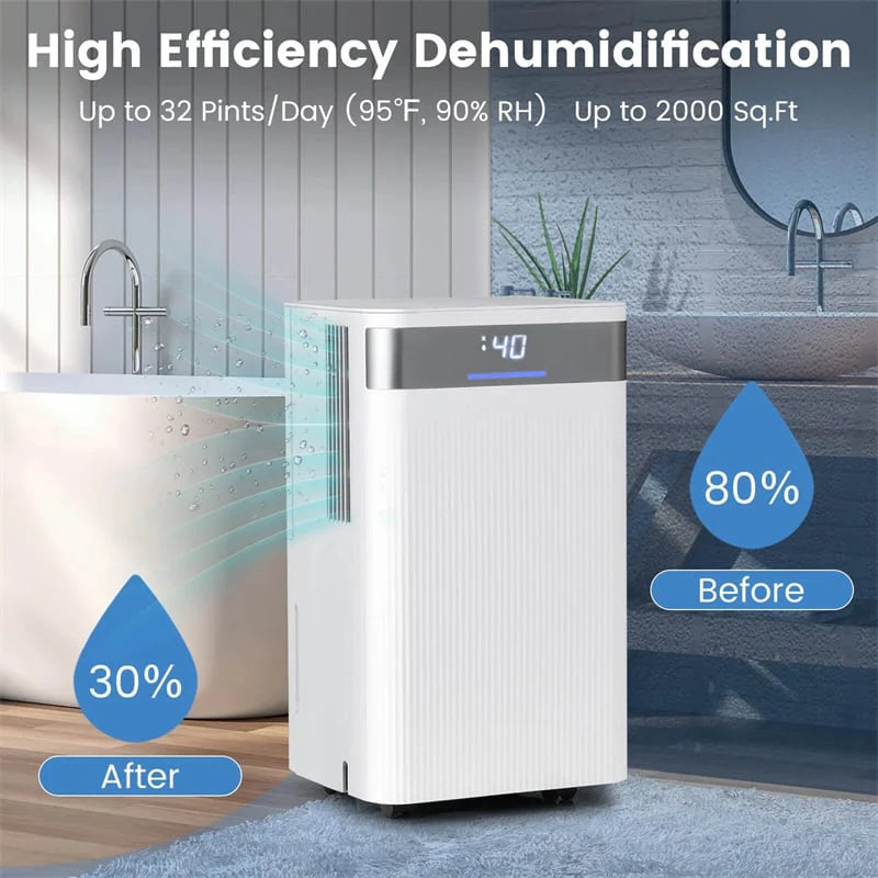 32 Pints 2000 Sq.ft Basement Dehumidifier with Drain Hose, 24H Timer & 3-Color Indicator, Quiet Portable Dehumidifier for Home, Bedroom, Bathroom Secondary image
