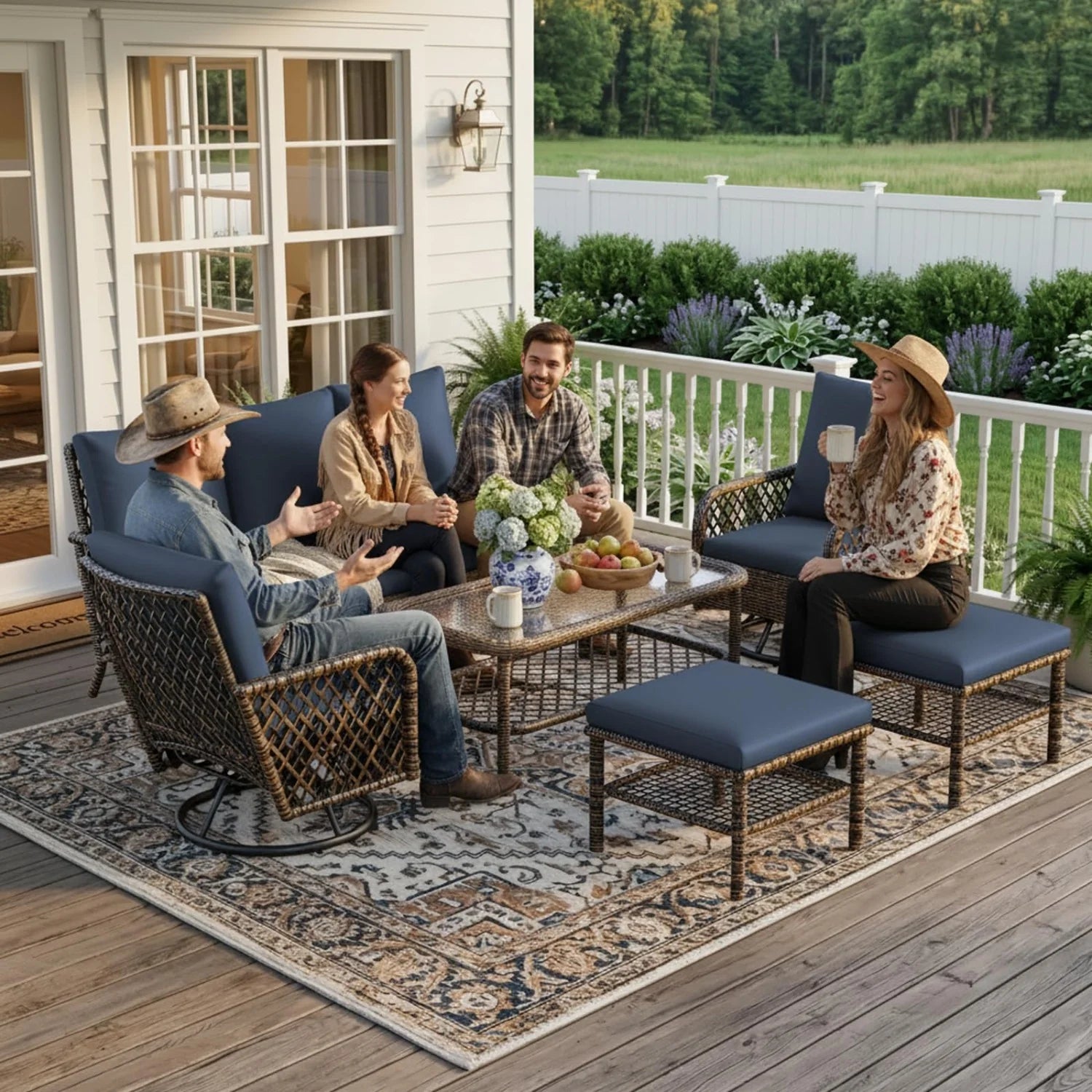 AECOJOY 7-Seat Patio Furniture Set, 6-Piece Wicker Conversation Set with Swivel Rocking Chairs & Ottoman