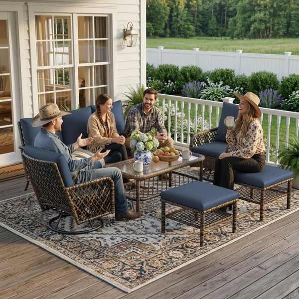 AECOJOY 7-Seat Patio Furniture Set, 6-Piece Wicker Conversation Set with Swivel Rocking Chairs & Ottoman