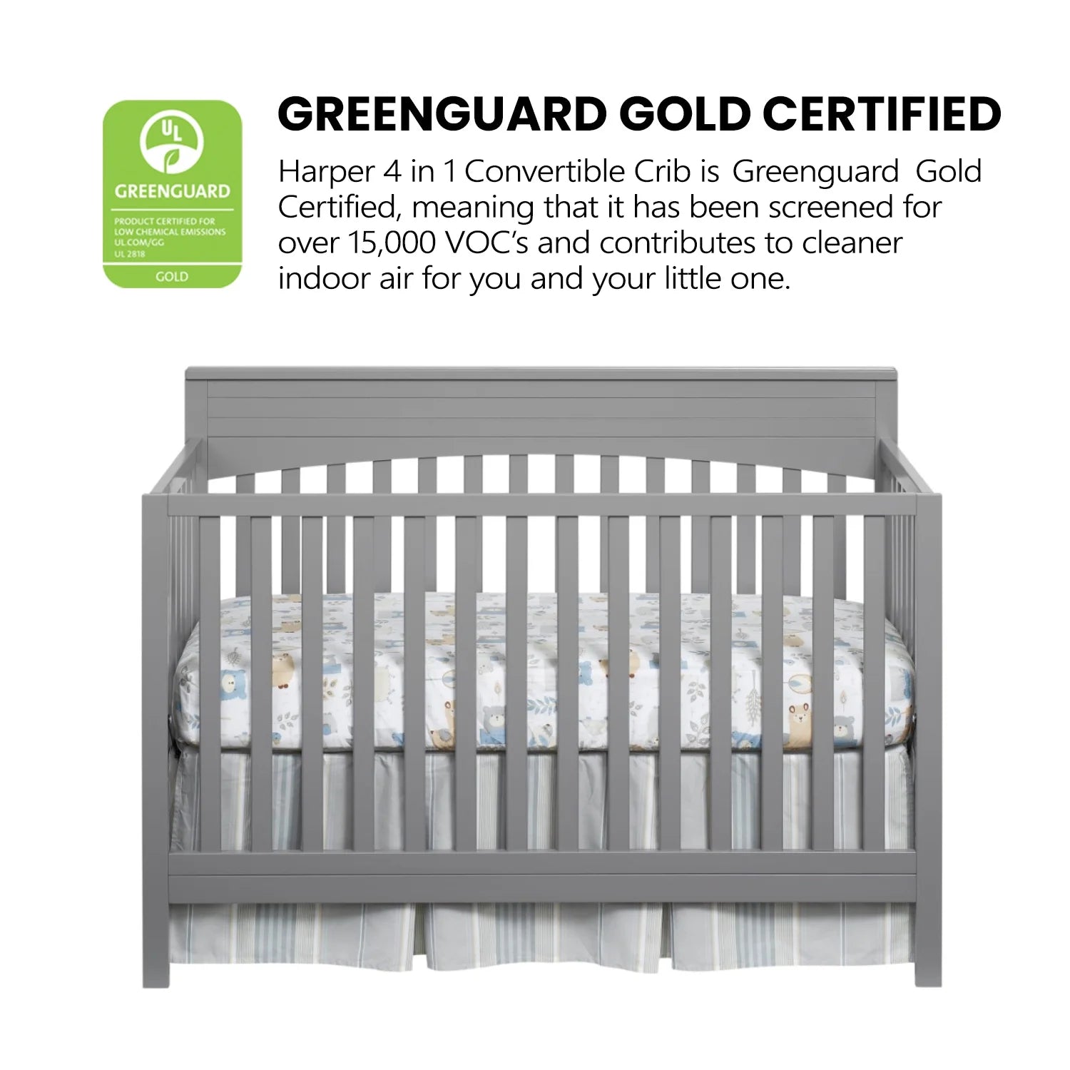 Oxford Baby Harper 4 - in - 1 Convertible Crib, Dove Gray, GREENGUARD Gold Certified, Wooden Crib